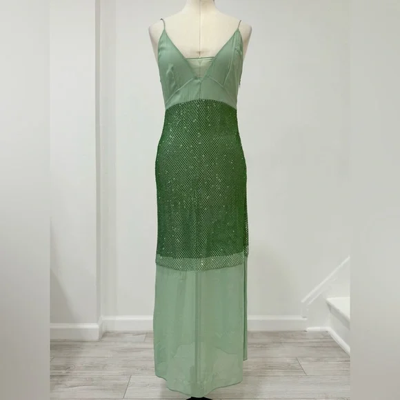 Stella McCartney Crystal Panel Satin Slip midi green Dress Midi